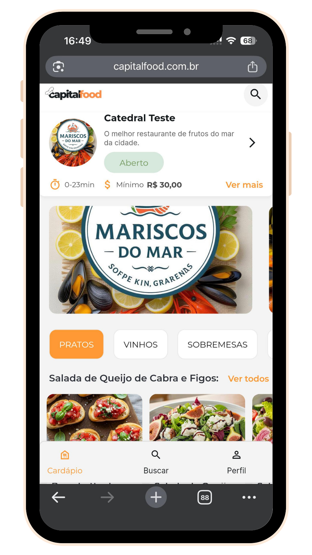 Tela principal do Capital Food no celular