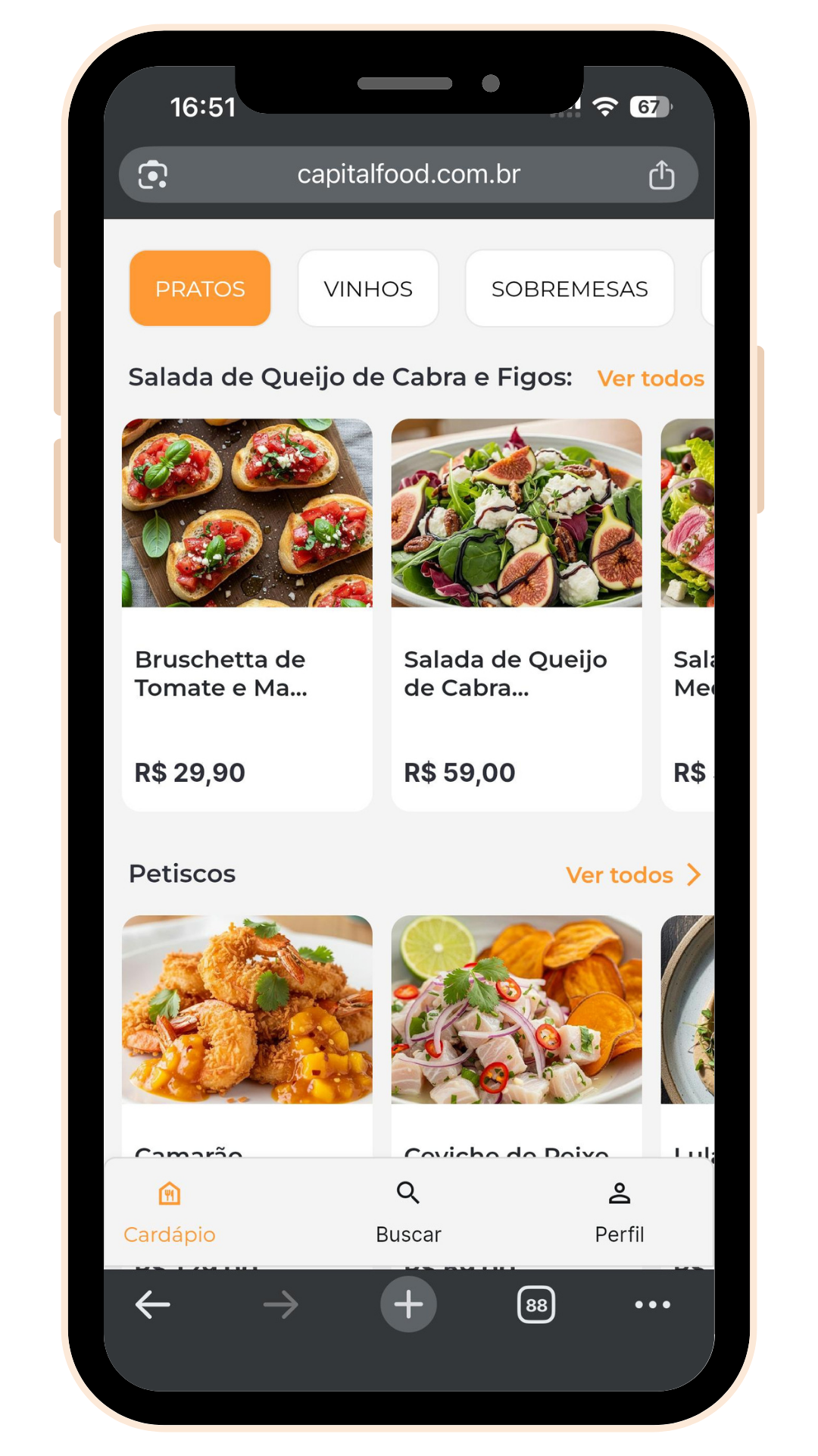 Tela do Capital Food com categorias e itens do cardápio